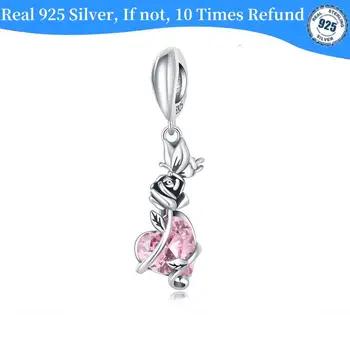 100% 925 Sterling Silver Kúzlo Fit Pandora Originálny Náramok Perličiek Motýľ Ruže Lásky Srdce, Zirkón Kameň Prívesky Visieť Šperky