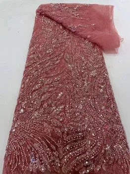 2023 ružová Luxusné francúzske 3D Korálkové Tylu Čipky Tkaniny Vysokej Kvality Afriky Čistý Čipky Tkaniny S Flitrami Na Večerné Šaty