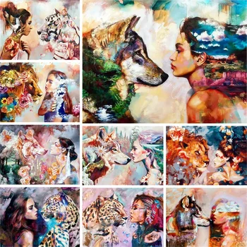 Ženy A Zvieratá Akryl Obrázok Farba Čísla Olejomalieb Remesiel Kit Pre Dospelých Wall Art Spálne Dekorácie Jedinečný Dar